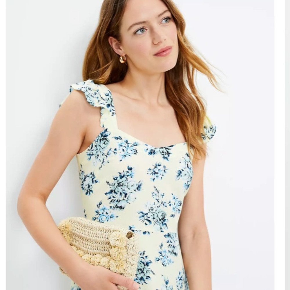 Loft yellow and blue floral dress with flutter sleeves